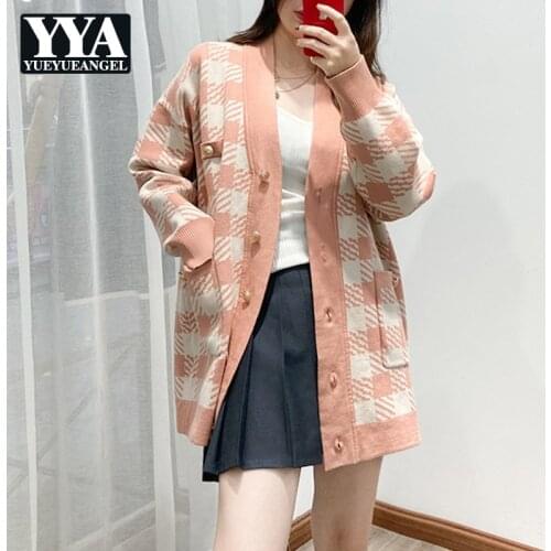 Women Plaid V-Neck Single Breasted Knitting Jacket Loose Long Sleeve Cardigan Sweaters Autumn Winter Preppy Style Sweet Sweater