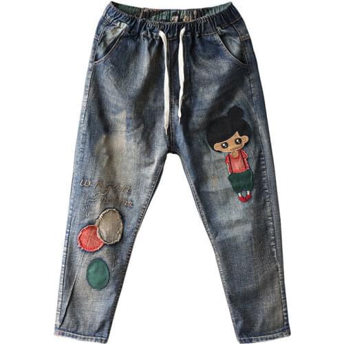 Woman Jeans Pants Loose Autumn Elastic Waist Casual Plus Size Paste Cloth Embroidery Pantalones Vaqueros Mujer