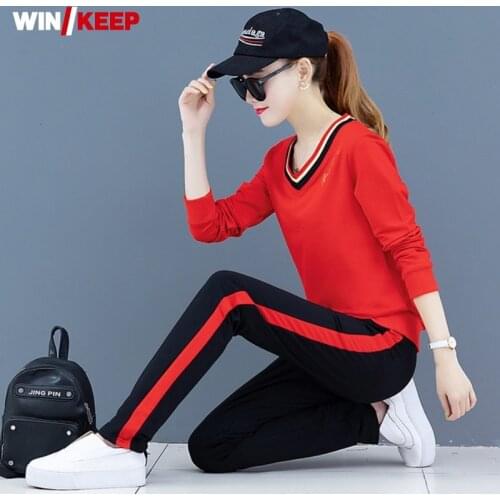 Women Autumn Winter V-Neck Pullover Trousers Sport Casual Suits Office Lady Elegant Long-Sleeve Straight Pants Two-Piece Sets