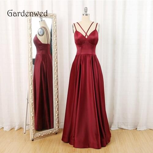 Gardenwed Burgundy Long Dress Evening Elegant Criss Cross Satin A Line Formal Gown Dresses abiye elbise