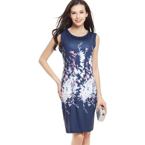 Womens Sexy Pencil Dress 2019 Summer Office Ladies Tank Dresses O-neck Sleeveless Fashion Folral Print Female Work Midi Vestidos
