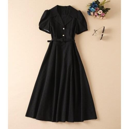 High Quality New Runway Dress 2021 Autumn Winter Women Notched Collar Button Deco High Waist Mid-Calf Vintage Jacquard Dress