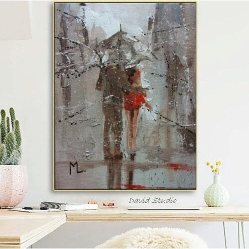 100%Hand Made Modern impressist Artwork Lover in Red Coat in Rainting Day Worth Keeping Thinkness Oil Painting On Canvas