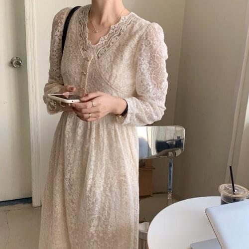 White Lace Dress Long Sleeve Spring Black White Korean Long Midi Dress Party Office Lady Pearls Button High Waist Elegant Floral