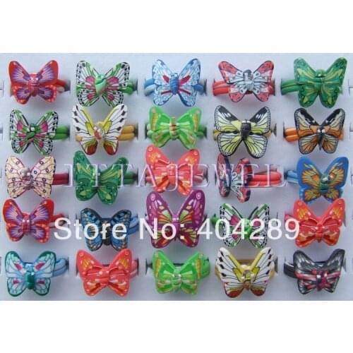 Free Shipping Wholesale 100pcs Lovely Girls Butterfly Shape polymer Clay Rings,Better for Girls Gift