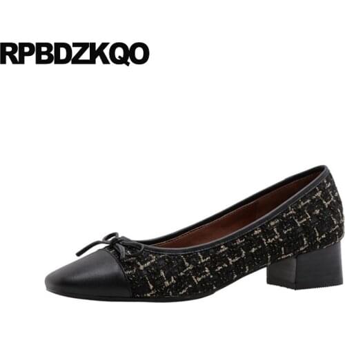 Block black square toe low heels pumps bow chunky size 4 34 luxury brand women shoes 2019 genuine leather gray slip on designer