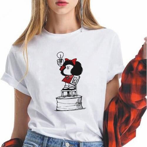 Mafalda T-Shirts Women T Shirts Books Are The Light of Wisdom Summer Harajuku Casual Short Sleeve White Tops Tee 90S Cartoon