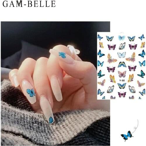 GAM-BELLE 1 Sheet Watercolor Butterflies Sliders Blue Black Nail Decal Sticker Summer Nail Art Decoration Water Tattoo Manicure