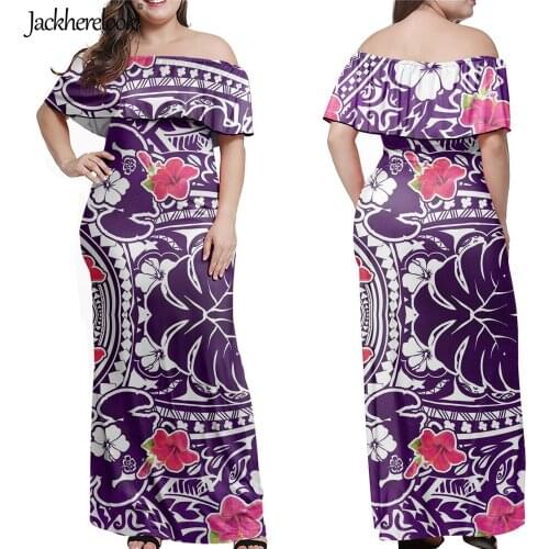 Jackherelook Womens Sexy Off Shoulder Maxi Dress Purple Polynesian Tribal Tropical Hawaii Dresses Elegant Party Vestdios Mujer