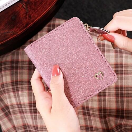 Korean Women Short Wallet PU Leather Sequin Fold Coin Purses Zipper Hasp for Ladies Female Money Credit Card Holders Clutch