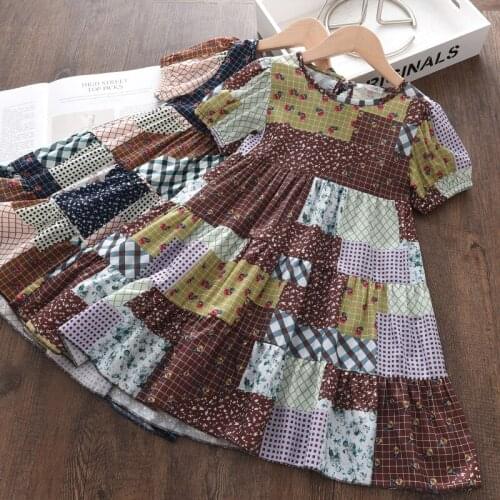 Menoea Girls Summer Kids Dresses New Fashion Baby Plaid Patchwork Vestidos For Children Short-sleeved Clothes Casual Wear 3-7Y