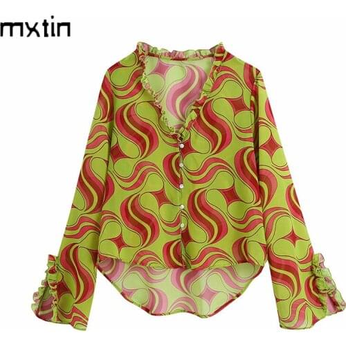 MXTIN 2021 Women Spring Fashion Print Single Breasted Chiffon Blouses Vintage V-Neck Long Sleeve Female Shirts Casual Chic Tops
