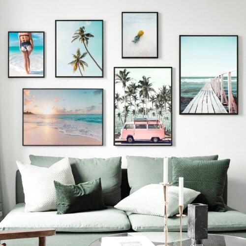 Pineapple Palm Beach Girl Van Path Cloud Wall Art Canvas Painting Nordic Posters And Prints Wall Pictures For Living Room Decor