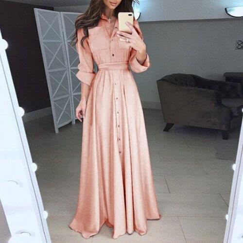Sexy Lapel Maxi Dress Womens Casual Long Sleeve Solid Elegant Long Party Dress Soft Touch Summer Autumn Pleated Dresses Robe