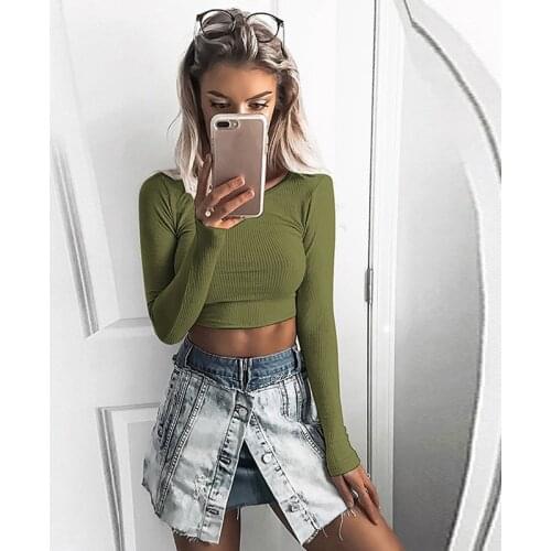 Simple Short Long-sleeve T-shirt Solid Color Slim Crop Tops Female Round Neck Shirt Spring Autumn Bottoming Cropped Top