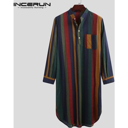 INCERUN Vintage Striped Sleep Robes Stand Collar Buttons Nightgown Man Loose Cotton Bathrobes Men Fashion Long Sleeve Sleepwear7
