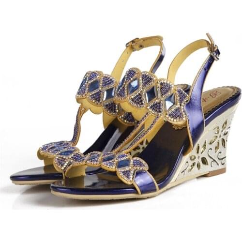 2019 Summer Large Size Blue Bow Pattern Rhinestone Wedge Sandals Wild Open Toe Retro Boho Style High Heels Beach Party Shoes 8CM