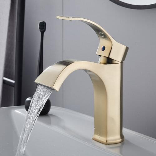 Tuqiu Hot Cold Basin Faucet Bathroom Waterfall Brush Gold Sink Faucet Single Lever Brass Crane