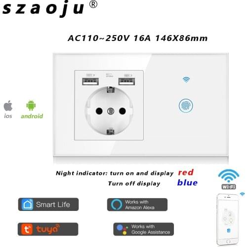 TUYA USB Wall Sockets And Touch Switches Smart AC110~250V Rystal Glass Panel Wifi Light Switch With Socket EU Standard 1Gang/Way