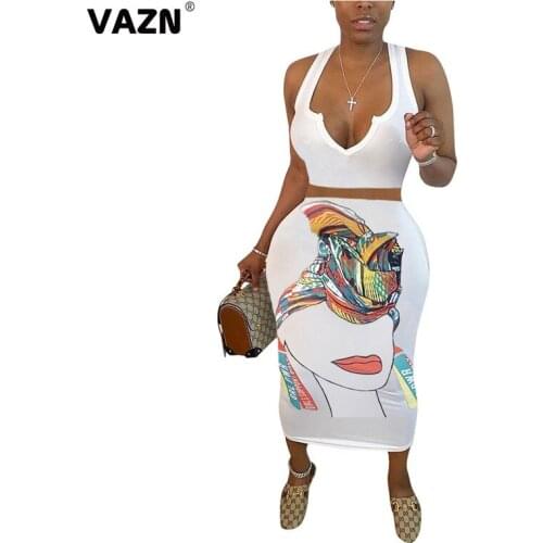 VAZN 2020 Sexy Cartoon Strap Two Piece Set Solid Button Bodycon 2 Piece Set Women Sleeveless Top And Skirt Summer Sets