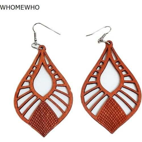 WHOMEWHO Natural Wood Africa Laser Cut Hollow Out Teardrop Geometric Earrings Vintage African Afro Jewelry Wooden DIY Club Gifts