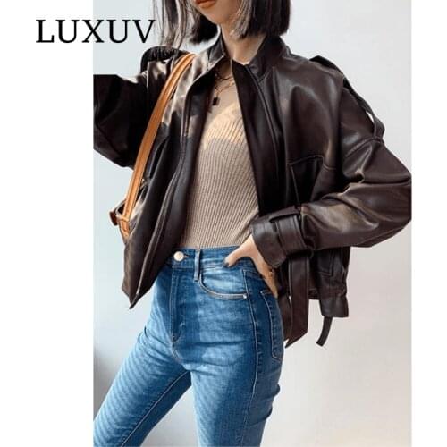 LUXUV Biker Zipper Jacket Women Spring Imitation Leather Cropped Coat High Quality Autumn Faux Outfit Oversize Bomber Trench