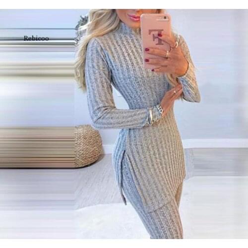 Women Winter Autumn Casual Knit Beaded Side Slit Long Sleeve Sweater & Pants Set Pullover Femme Sexy Outfit