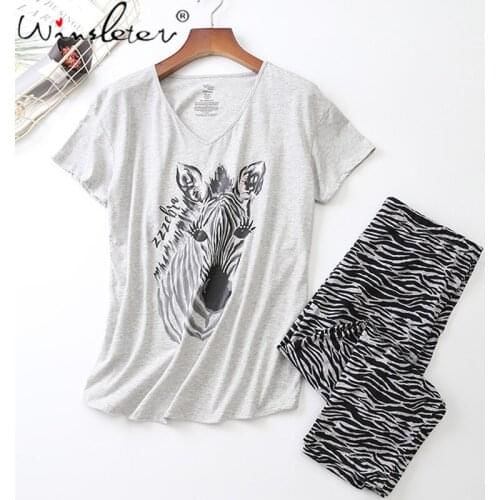 Women Pajama Sets 2020 New Summer Cotton Cartoon Thin Pyjamas Animal Sleepwear Zebra Female Pajama Women Homewear S-3XL P05407B