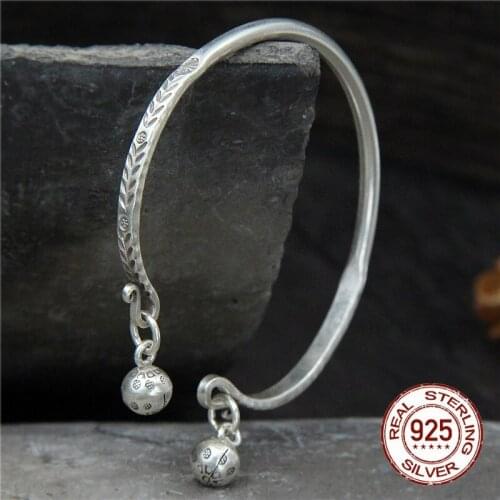 Real 925 Sterling Silver bangle bracelet for women Bell beads bangles Thai Silver Bracelets Retro Women Fine Jewelry Free Ship