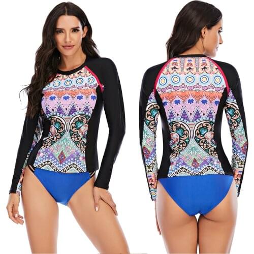 Womens Sun-proof Swimsuit, Long Sleeve Printed Tight T-shirt Tops with Solid Color Triangle Bottoms, 2Pcs Surf Wear