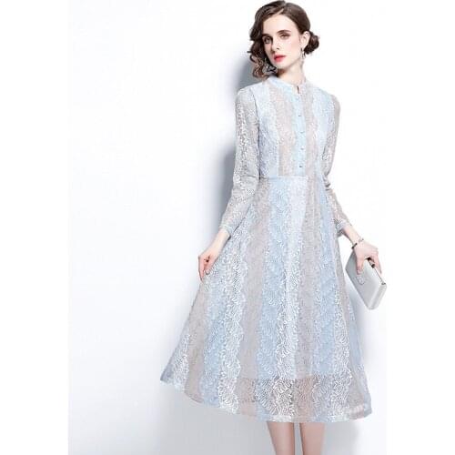 Fashion Runway Autumn Midi Dress Women Long Sleeve Gorgeous Flower Embroidery Lace A Line Elegant Party Dress k8391