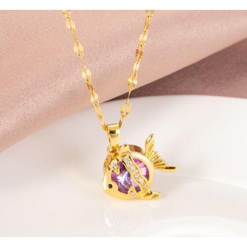 Fashion Colorful Zircon Crystal Inlaid Gold Color Fish Pendant Stainless Steel Women Necklace Ladies Clavicle Necklaces Jewelry