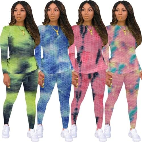 25M1133 Spring and autumn fashion popular leisure popular waffle pattern tight tie dye gradient two piece set