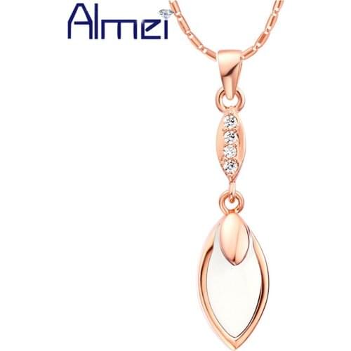 Almei Fashion Crystal Zirconia Rose/White Gold Color White/Black Feather Pendant Necklaces Wom Girls Party Gifts Wholesale N932