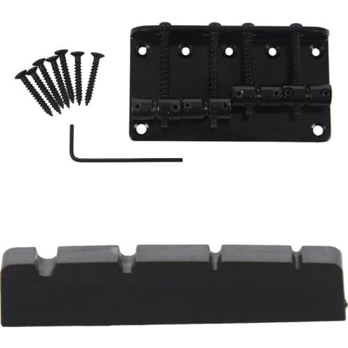 Black XL 4-Str Slot Bass Nut PT-1200-00 & 4 String Vintage Style Bass Hardtail Bridge for Precision Jazz Bass Top Load Upgrade,B