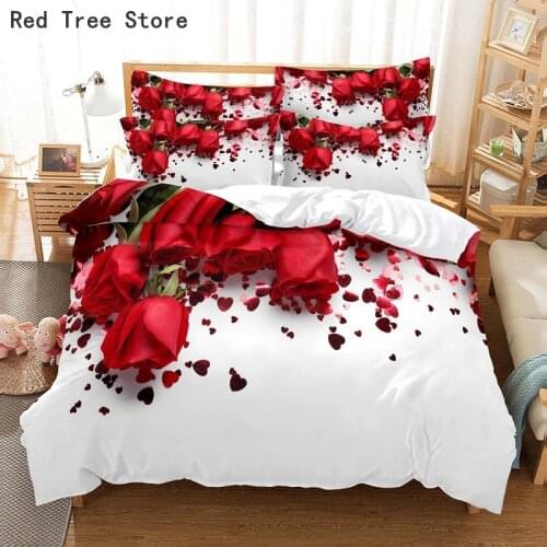 Flower Red Rose White Bedding Set Comforter Duvet Cover Pillowcase King Queen Size Double Bed Quilt Bedclothes 2-3 PCS Bed Linen