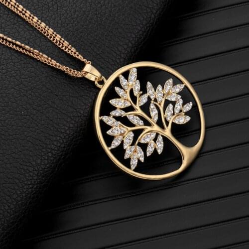 Tree of Life Pendant Womens Necklace European Crystal Leaf in Large Round Gold Silver Color Fashion Jewelry Accessories 2021