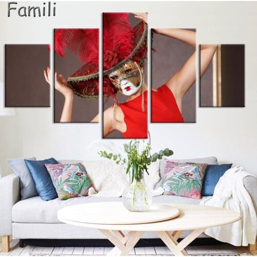 Modular Pictures 5 Panel Girl Mask Decor Canvas Painting Top-Rated Wall Art Pictures For Living Room Painting UnFrames PENGDA