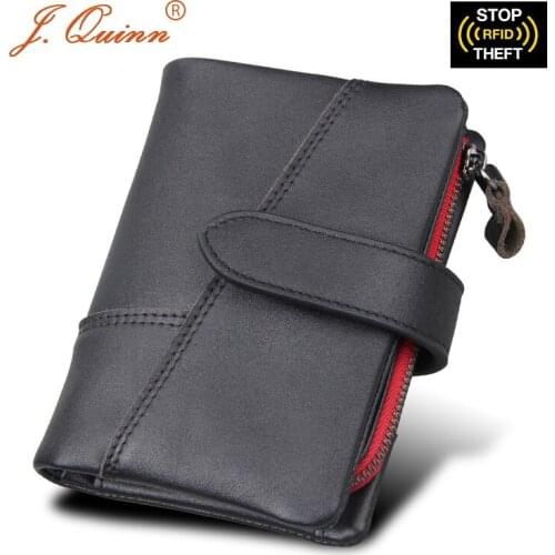J.Quinn RFID Male Zipper Wallet Removable Mini SD Card Coin Purse Genuine Leather Mens Short Wallets 8 Credit Cards SIM Purses