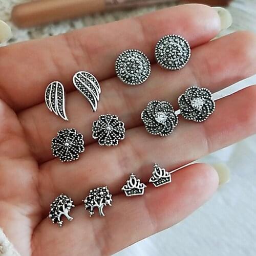Miss JQ Punk Silver Color Earring Sets Ethnic Bohemia Ear Clip Stud Earrings For Women Christmas tree Flowers Wings Earrings
