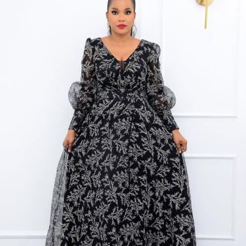 2021 New Spring Autumn African Women Long Sleeve V-neck Plus Size Long Dress Maxi Dress African Dresses for Women with Belt