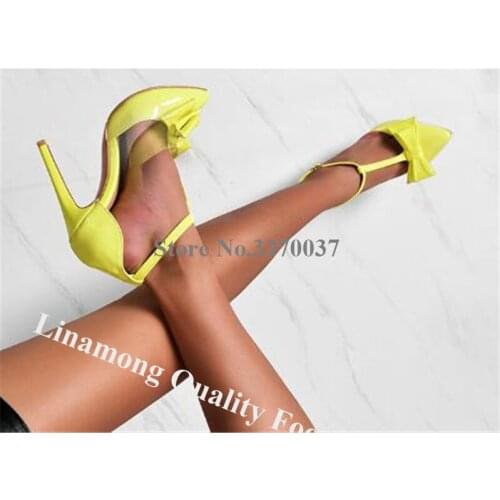 Linamong Charming Pointed Toe Patent Leather Bowtie Stiletto Heel Pumps Shining Yellow T-strap High Heels Formal Dress Shoes
