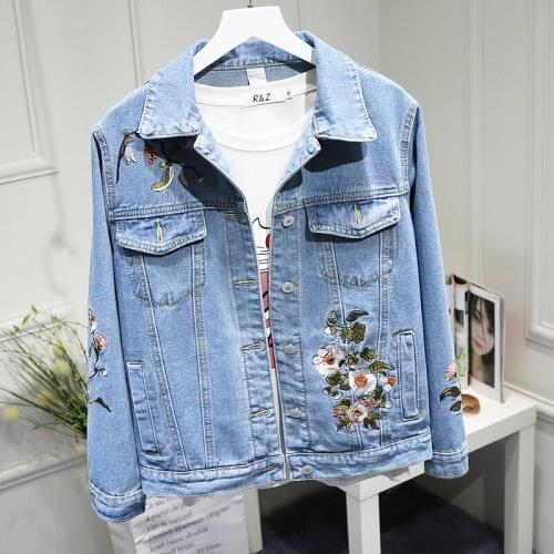 Plus Size Vintage Flower Embroidery Women Denim Outwear Spring Autumn 2021 Female Korean Slim Lapel Long Sleeve Jeans Jacket 3XL