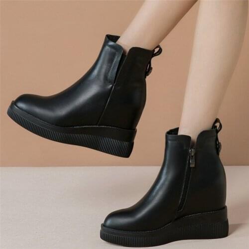 Platform Creepers Women Genuine Leather Wedges High Heel Ankle Boots Female High Top Round Toe Fashion Sneakers Casual Shoes
