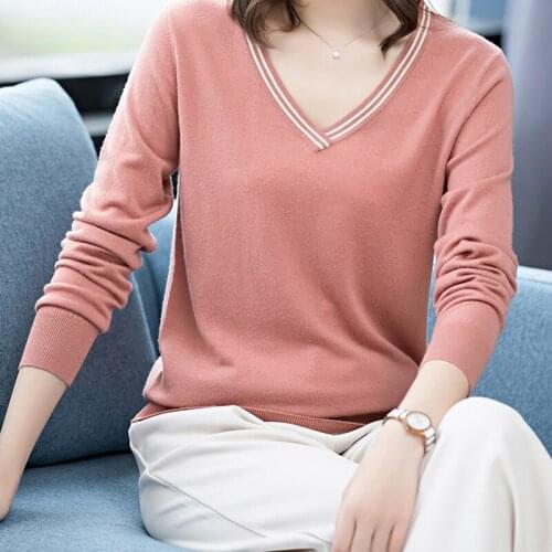 Casual Patchwork V-Neck Sweater Women Plus Size Long Sleeve Knitwear Tops Autumn Winter Base Knit Jumper Elastic Loose Pullovers