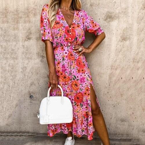 Floral Dress Pink Long Maxi Dress Ruffles V Neck Single Breasted Mid Sleeve Split Vintage Dresses A Line High Waist Streetwear