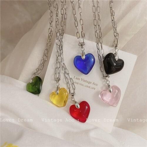 Vintage Colorful Transparent Resin Acrylic Heart Pendant Stainless Steel Chain Necklace for Women Irregular Geometric Hollow