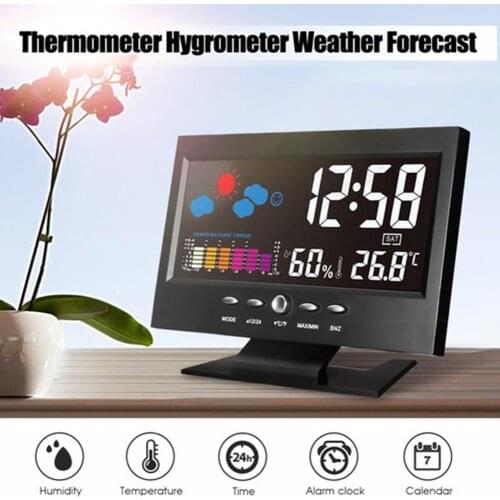 LCD Color Screen Digital USB Temperature Humidity Time Date Display Alarm Clock display hours minutes date month weeks and 12/24