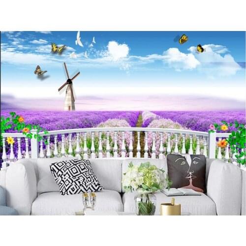 Custom mural on the wall 3d wall paper Balcony window lavender blue sky white cloud butterfly photo wallpaper in the living room