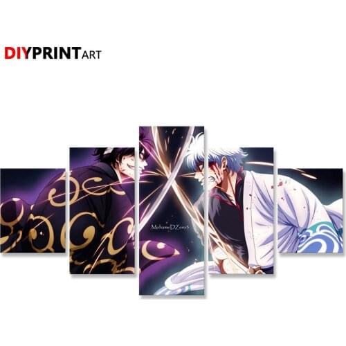 Gintama Gintoki Sakata vs Shinsuke Takasugi 5 Panels Wall Art Canvas Paintings for Bedroom Decoration A2126